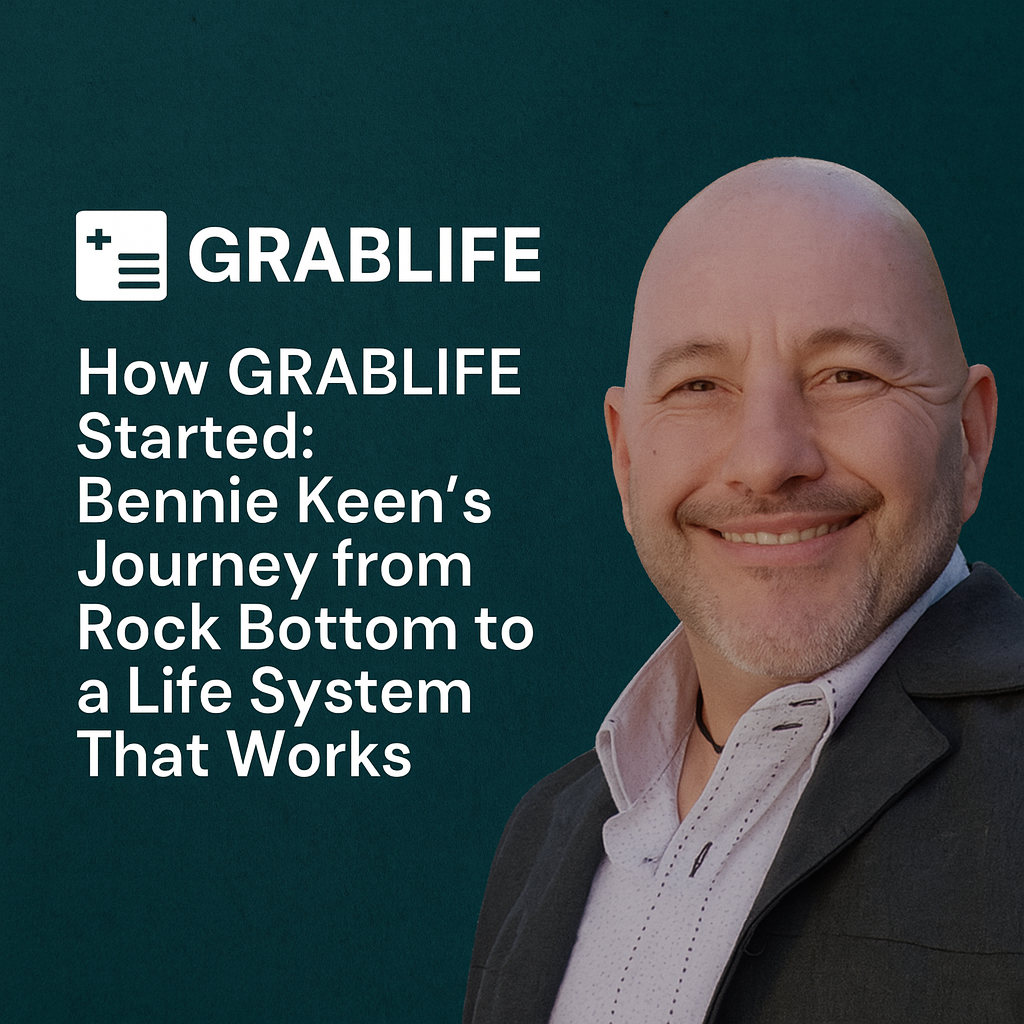 How GRABLIFE Started – Bennie Keen smiling confidently in a blazer, standing against a dark teal background, representing his journey from rock bottom to founding the GRABLIFE™ system.